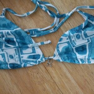Blue Money Print Bikini Top